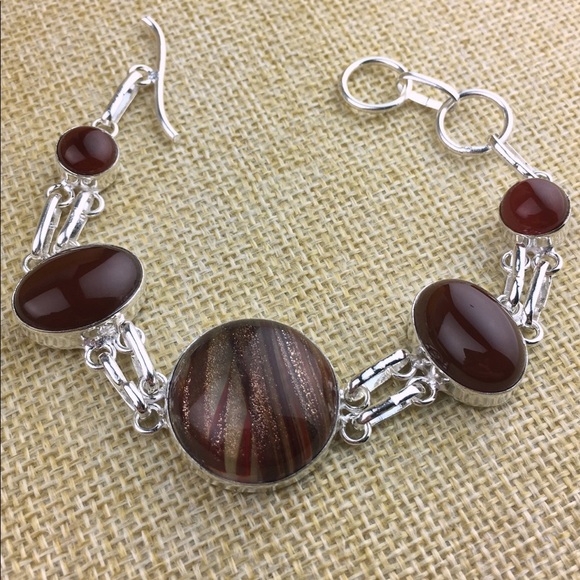 New Dichroic Glass Acrylic with Carnelian Silver Overlay Bracelet 6 1/4 - 7 - Picture 2 of 8